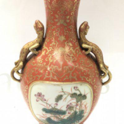 A Chinese Wall pocket with dragon handles and gilt decoration , enamel floral panel . 20cm tall. This lot cannot be posted