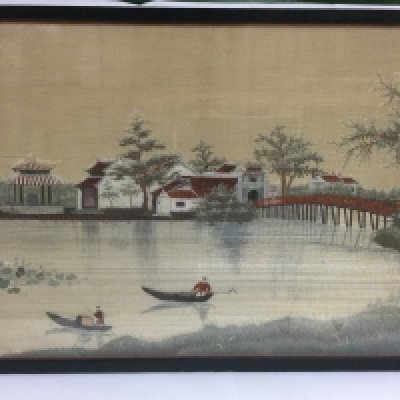 A framed and glazed late Chinese republic silk embroidery, approx 53cm x 37cm. Shipping category D.