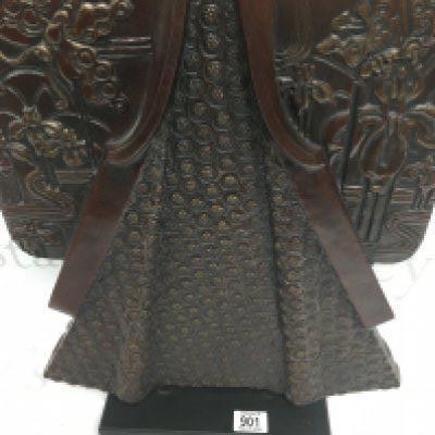 A Japanese bronze sculptor in the form of a kimono mounted on a wooden base .53 cm .