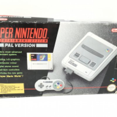 A boxed Super Nintendo Entertainment System. PAL Version. Includes controllers..power supply..cables. No reserve