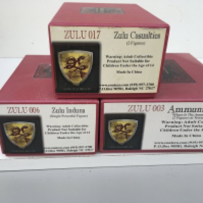 3x boxed metal military Minatures by Conte Collectibles in the Zulu series. Includes Zulu 003..Zulu 006 and Zulu 017. No reserve.