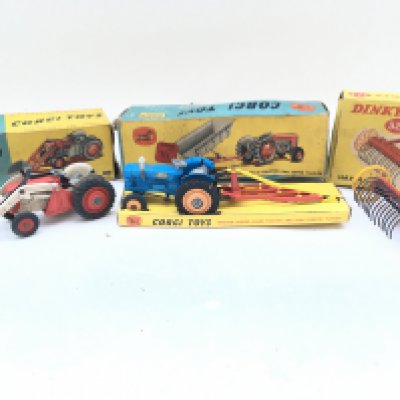 A Boxed Corgi Massey-Ferguson Tractor With Shovel #53. A Massey Ferguson 65 Tractor And Tipper Trailer # gift Set 7 And A Dinky Hay Rake #324.