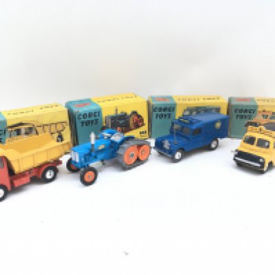 4 Boxed Corgi Vehicles. A E.R.F. Model 64G Earth Dumper #458. A Fordson Power Major Half Track #54. A R.A.C. Radio Rescue Land Rover #416 and a Bedford Road Service Van #408. Boxes in Various States.