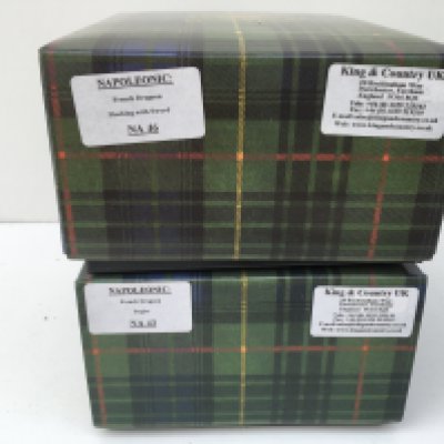 2x boxed King and Country Napoleonic Minature military models featuring NA46 French Dragoon slashing with sword and NA43 French Dragoon Bugler. No reserve.