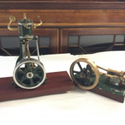2 Small Horizontal And Vertical Model Steam Engines on Wooden Plinths.(2).