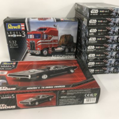 A collection of 10 unstarted model kits by Revell including No.07693 Fast& Furious Dodge charger No.07671 Kenworth Aerodyne and 8x Star Wars vehicles. No reserve