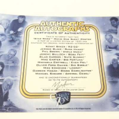 A Star Wars Episode IV Signed One Sheet Poster. Signed By 11 Actors. Kenny Baker. Jerome Blake. Phil Brown. Jeremy Bullock. Silas Carson. Mike Carter. Michaela Cottrell. Oliver Ford Davies. Mike Edmonds. Garrick Hagen. And Michael Sheard. With COA. Also A Framed David Prowse Picture.