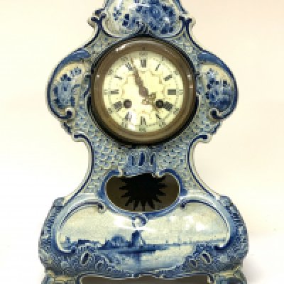 Delft Blue And White Ceramic Mantle Clock. 37cm. (Catagory D.Postage no avaliable).