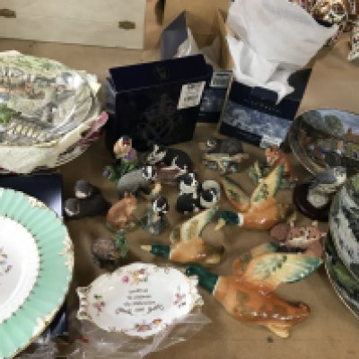 A collection of various ceramics including Border Fine Art birds and animals, Crown Derby Millenium tray, Eight Wedgewood 'Life on the Farm' plates and three wall mounted flying ducks