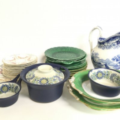 19th century plates, figgjo flameware vulcanus pots, Wedgwood green flower plates, Copeland plates etc. This lot cannot be posted