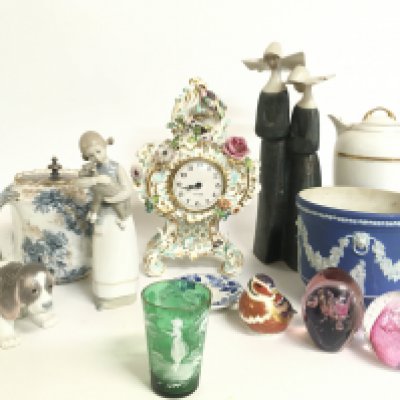 A collection of ceramics including a Doulton Burslem Arundel jar, Mercedes German porcelain clock, Lladro figures, a Wedgewood cobalt vase (damaged), paperweights, a Victorian Mary Gregory green glass etc. this lot cannot be posted