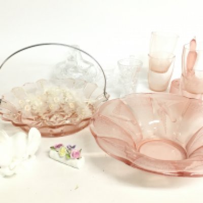 A collection of clear and pink cut glass including a kingfisher bowl, Royal Osborne elephant figure. This lot cannot be posted