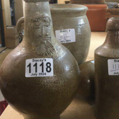 An Antique Bellermine salt glazed stoneware bearded jug no obvious damage height 23cm no obvious damage and other stoneware.