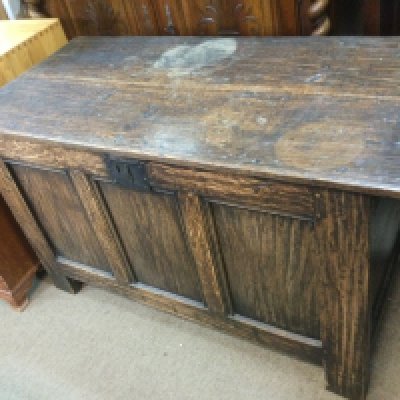 An antique oak chest, approx 112cm x 64cm x 53cm. Shipping category D