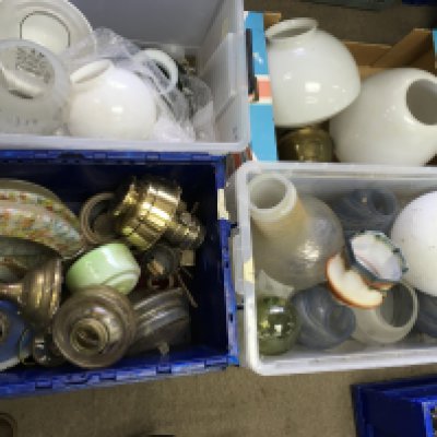 A large collection of vintage glass lamp shades. Postage D