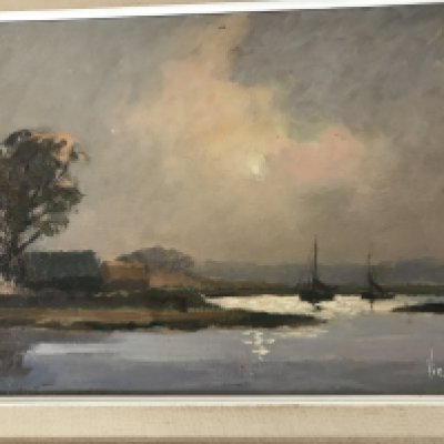 A framed oil on board by Vic Ellis depicting Barling Greek. 34 cm x25