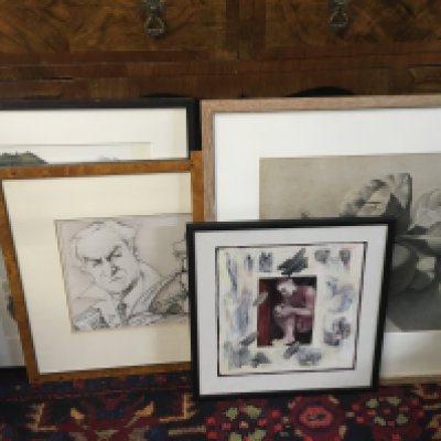A collection of framed sketches, watercolours including still life, caricatures etc. 36x36, 55x63cm This lot cannot be posted