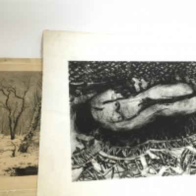 Two unframed modern dry point signed watercolours, a nude signed Angie Hayward 1986 and a winter forest view signed Cangille Fonce 75x58cm and 46x65cm. Postage category B