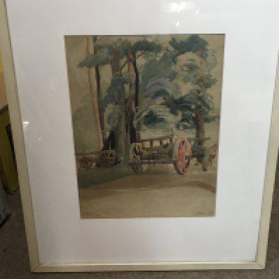 A framed mid 20th century watercolour by Eric Slater (1896-1963) depicting carts in a forest scene. Dimensions 51x62cm. This lot cannot be posted