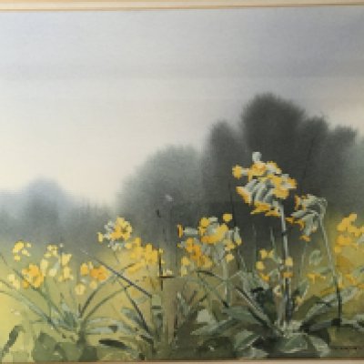 A framed watercolour by Godfrey Sayers 1986 Cowslips and Cockthorpe the reverse with Gallery details including Exhibition details.