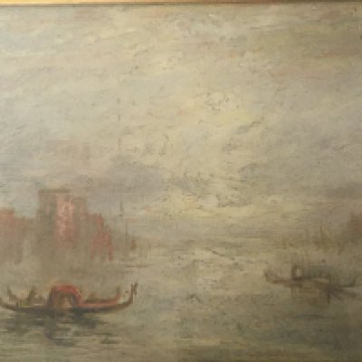 A framed oil painting A View of Venice in the manor of Edward Pritchett 1828-1898 the reverse with label and Sothebys stock number B.11987. 55cmx40cm