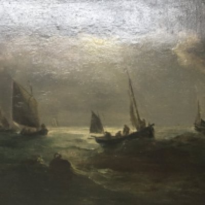 A 19th century oil painting on panel Marine scene. The Fishing Fleet Moonlight attributed to John Moore 1820-1902. 59x45cm
