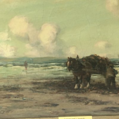 A 19th century oil painting on canvas of a horse drawn cart with figures on a beach collecting the nets. Signed lower left Tomson Laing 1890-1904 the reverse with applied label. 46x37cm