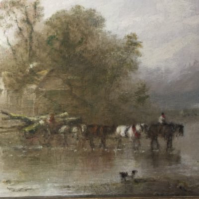 A 19th Century oil painting study of a horse drawn cart crossing a river. Unattributed. 35x44cm