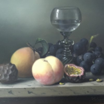 A conforming framed 20th century oil painting still life study with a Continental wine glass and fruit signed by Brian Davies 1942-2014 49x38cm