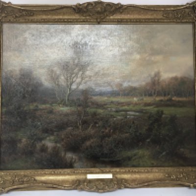 A framed oil painting on canvas rural landscape Butts Lawn New Forest by Frederick Golden Short 1882-1908. 62x50cm