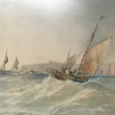 A large framed Watercolour Marine view study of sailing vessels on a rough sea signed lower left James Webb 1886. 75x60cm