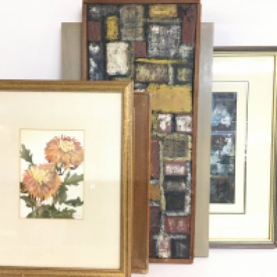 A collection of framed still life, abstract, watercolour scenes etc. Artists including artists A.Blockley.