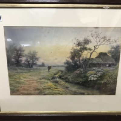 Three framed pictures including two watercolours depicting farmhouses by a steam in a woodland setting. Together with a print depicting a lady wearing 1920's style clothing and hair