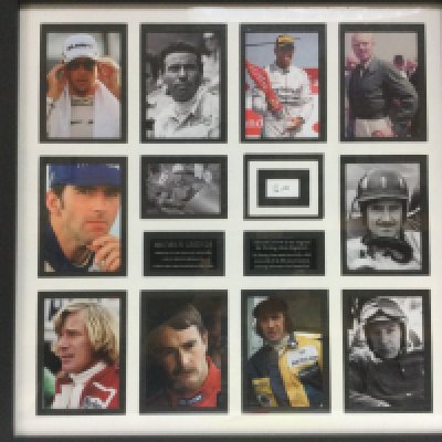 A framed snd glazed display of British F1 legends including a signature by Sir Stirling Moss, approx 67cm x 67cm. Shipping category D.