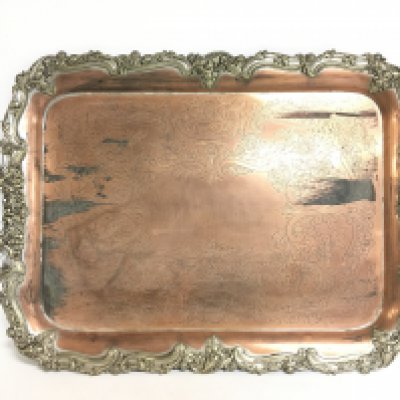 A large silver plate & copper tray, dimensions 78x52cm