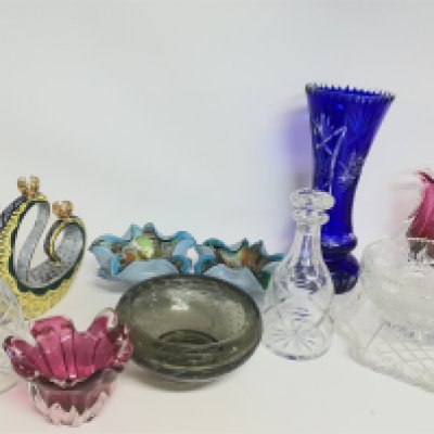 A Collection of glass ware including Murano dishes, various cut glass including a dish, bowls, decanters, cobalt blue vase etc. This lot cannot be posted. NO RESERVE