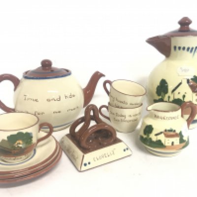 Dartmouth pottery Devon set including cups, jug, teapot, carnival glass bowls, Longpark pottery, Brathwaites fairy lustre ware etc. This lot cannot be posted- NO RESERVE