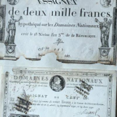 A rare French Republique bank note de deux Millie Francs mounted on backing paper and Bank Domaines Nationaux bank note 1791 on backing paper (2). NO RESERVE