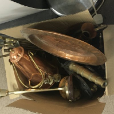 A box containing brass and copper ware including two model Canons.