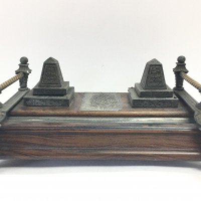 An unusual Victorian desk piece with pyramid style inkwells , dimensions 18x27.5x11.5cm. Postage category C