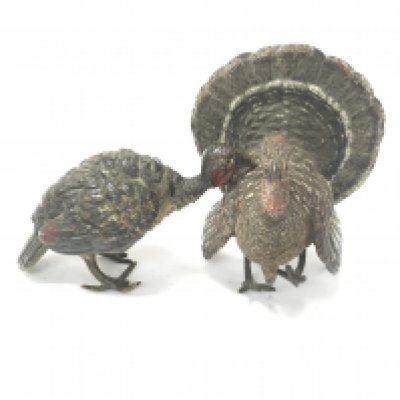 2 cold painted bronze turkeys by Bergman.Larger is 9cm high by 7cm.Postage B