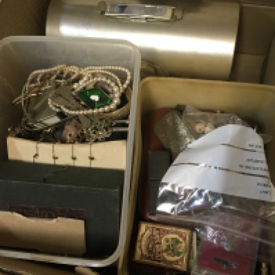 A collection of vintage costume jewellery including watches, bracelets, scissors, a few 9ct gold pieces. This lot cannot be posted
