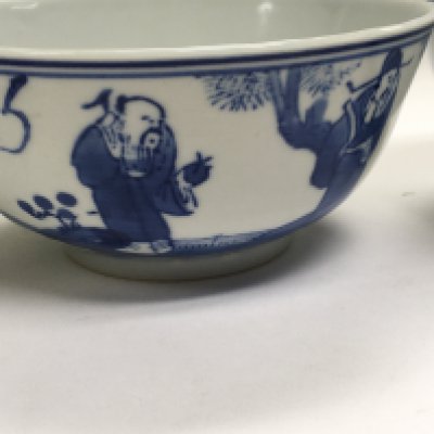 Five Chinese blue and white decorated with figures in landscape Three with no visible damage or restoration , one with hairline crack one other broken and damaged.