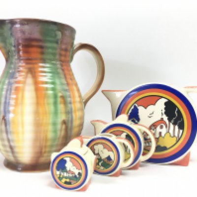 A falcon ware jug and moorland ceramics. This lot cannot be posted. No obvious damage or restoration