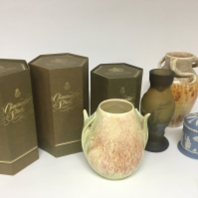 Three boxed Royal Worcester Ornamental Studio ceramic and metal bird ornaments in fitted boxes A copy Galle vase Art Deco design art pottery and a Wedgwood jar and cover.