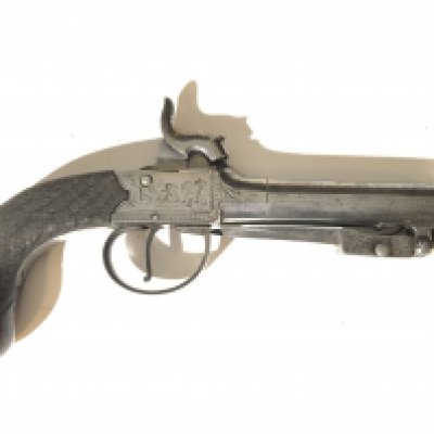 A 19th century Percussion personal protection pistol with steel barrel and flick knife end walnut grip engraved slab sided action with folate scrolls. No makers marks very nice condition. Length 20cm