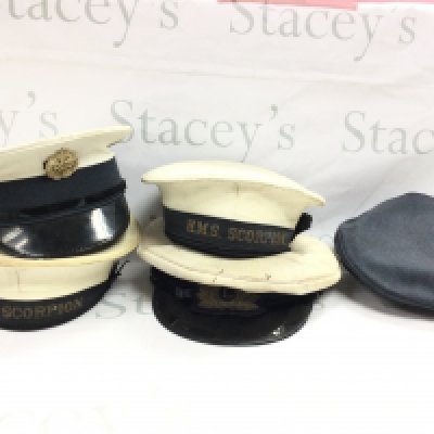 Two HMS Scorpion sailors hats, naval , RAF, Police hat. Postage category C. NO RESERVE