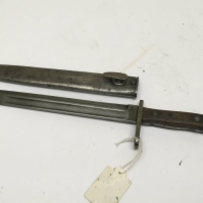 A German K98 Mauser bayonet with wood grip the blade with makers stamp. Length 39cm