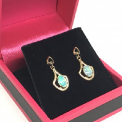 A pair of 9 carat gold and Opal drop earrings, 1.4g. Postage category A