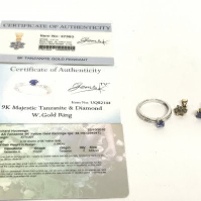 9 carat yellow gold Tanzanite set pendant, 9 carat yellow gold Tanzanite earrings, a 9 carat majestic tanzanite & diamond white gold ring. Total weight 4.2g Postage category A